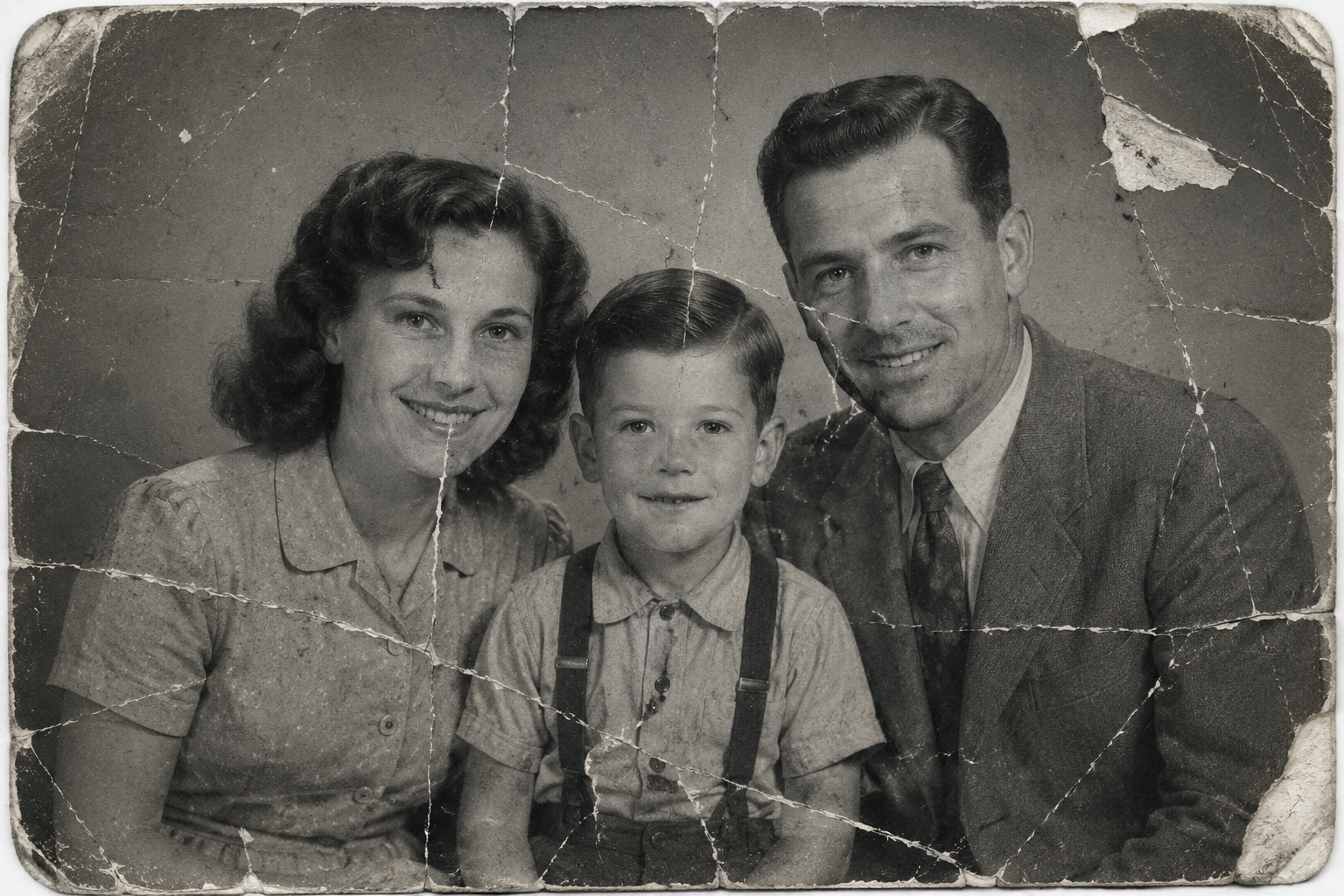 Old damaged black and white family photo